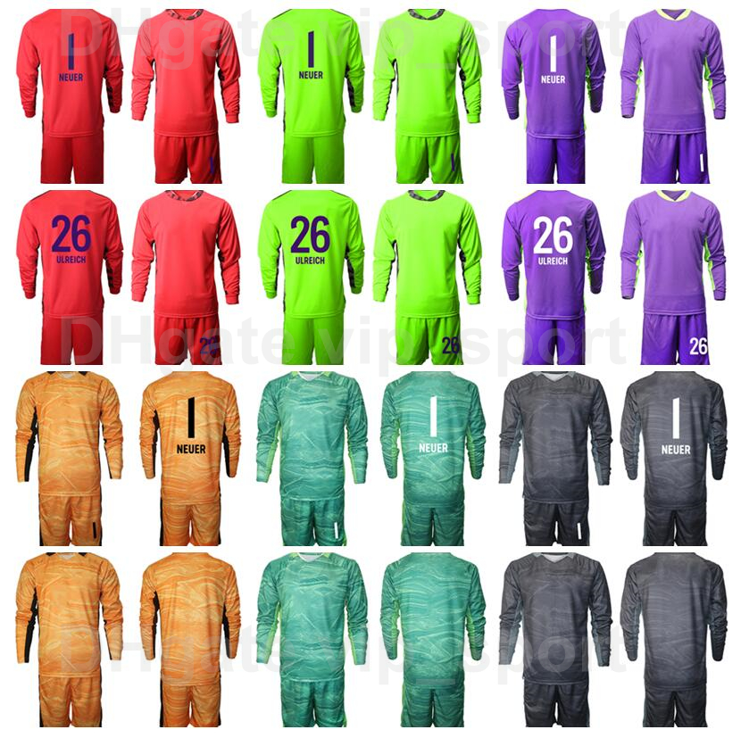 

Men Goalkeeper GK 1 Oliver Kahn Long Sleeve Jersey Set Soccer Goalie 26 Sven Ulreich Manuel Neuer Sepp Maier PFAFF Football Shirt Kits Green Purple Black Red BaiRen
