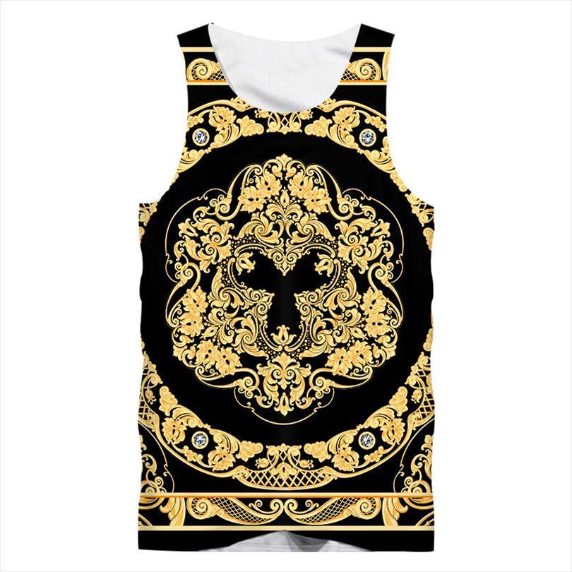 

ifpd eu us size baroque court style vest mens 3d print crown golden flower luxury sleeveless tank men women, White;black