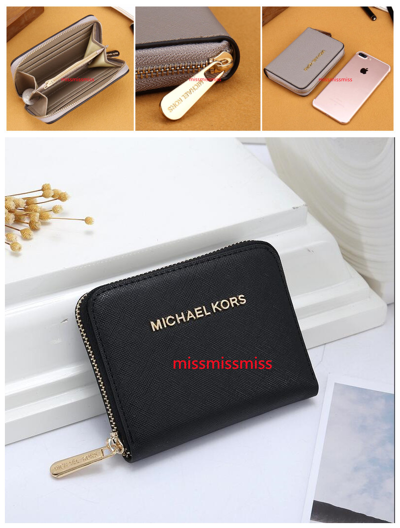

037 michaelmkkors women short zipper wallet men Bank card package coin purse leather clutch bag card holder purse, Black;brown