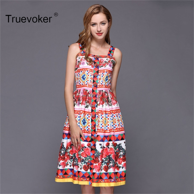 

Truevoker Summer Designer Dres' High Quality Cute Fancy Flower Printed Crystal Button Boutique Spaghetti Strap 210602, Blue