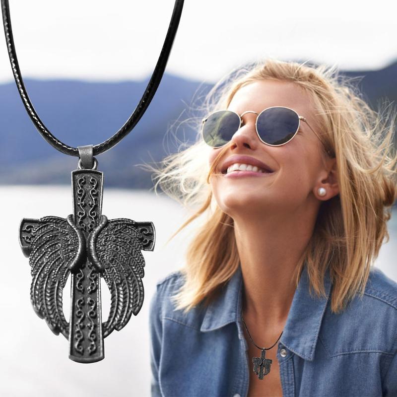 

Angel Wing And Cross Necklace Men Women Couple Gift Pendant Retro For Jewelry Decoration Necklaces, Silver
