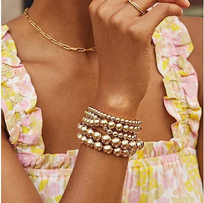 

Beaded, Strands 3 PCS/Set 8/5/4mm Stretch Bracelets Gold Balls Silver Color Fashion Tiny Beads Bohemian Boho Style Retro Jewelry