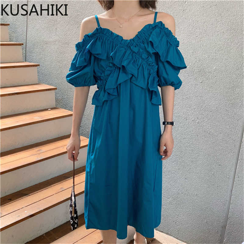 

KUSAHIKI Sling Dress Puff Short Sleeve Strapless Sexy Women Dresses Spring Summer Causal Solid Vestidos Femme 6F097 210602, Green