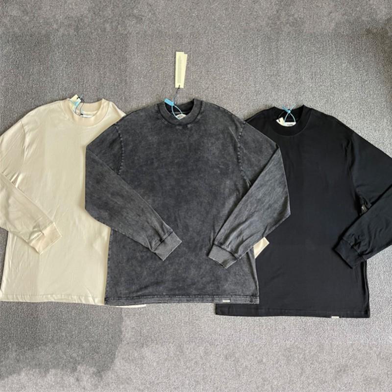 

Men' T-Shirts Tees Long Sleeve Blank T-shirt Men Women 1:1 High-Quality Vintage Slightly Oversized Wash Tops Hem Metal Bar, E57 grey