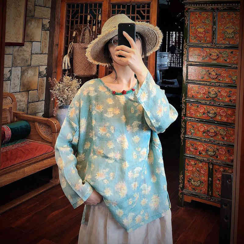 

Johnature Chinese Style Blouses Women Top Autumn Ramie Shirts O-Neck Casual Print Green Flower Loose Casual Linen Shirt 210521