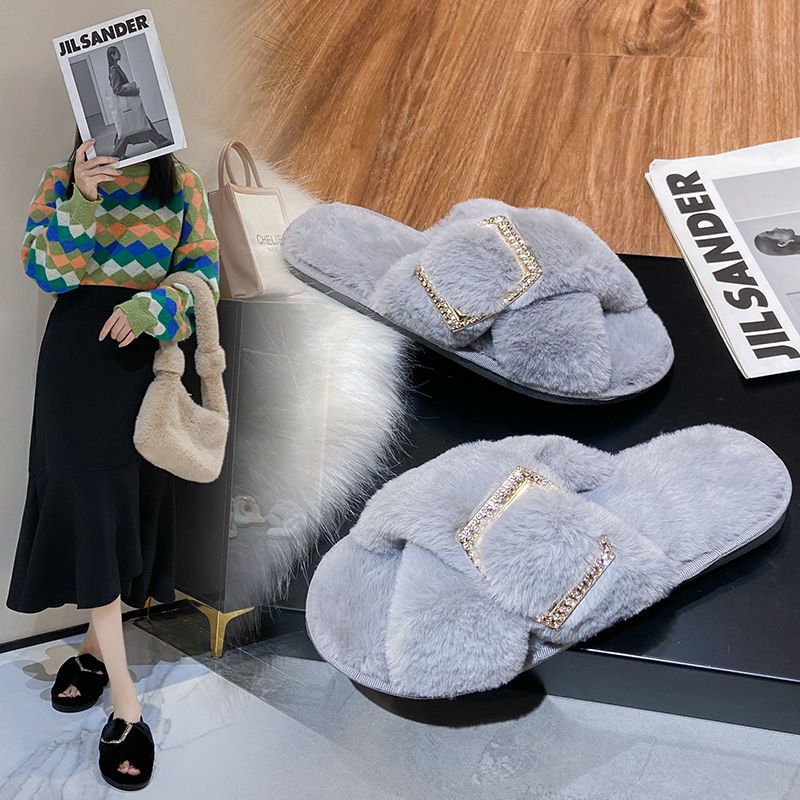 

36-42 Large Size Plush Slippers Ladies Fashion Lovely Indoor Personality Soft Soles Quiet Cotton Shoes, Grey