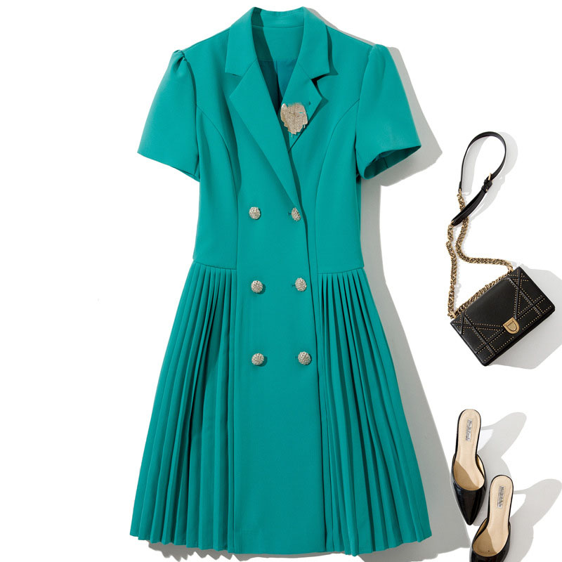 

2021 Summer Short Sleeve Notched-Lapel White / Black / Green Pure Color Pleated Double-Breasted Dress Elegant Casual Dresses 21A256075, Blackc