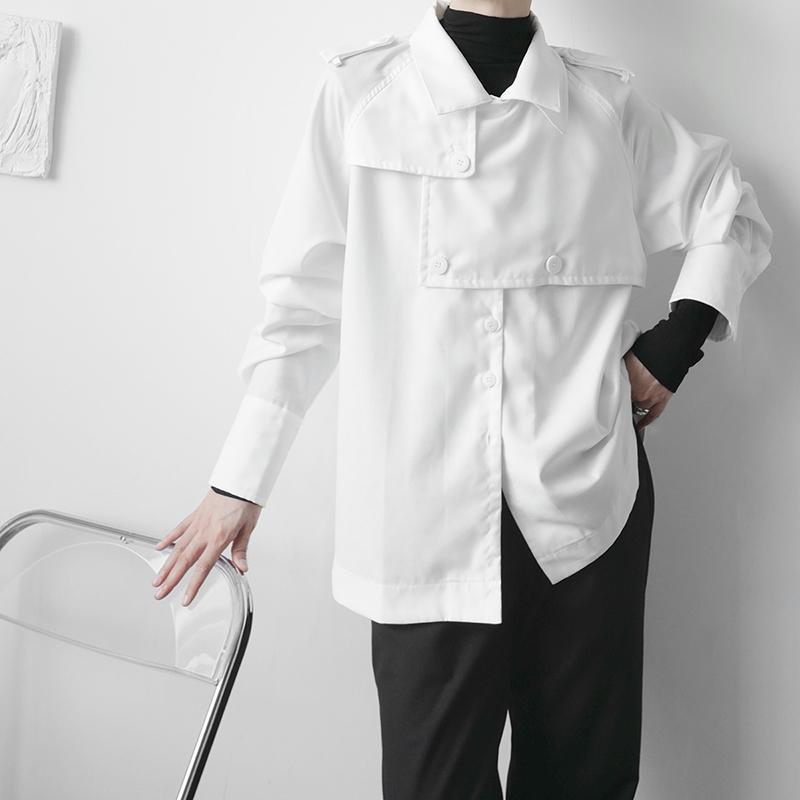 

Men's Casual Shirts 2021 Autumn Korean Style Personality Asymmetry Design Men Loose Black White -XXL