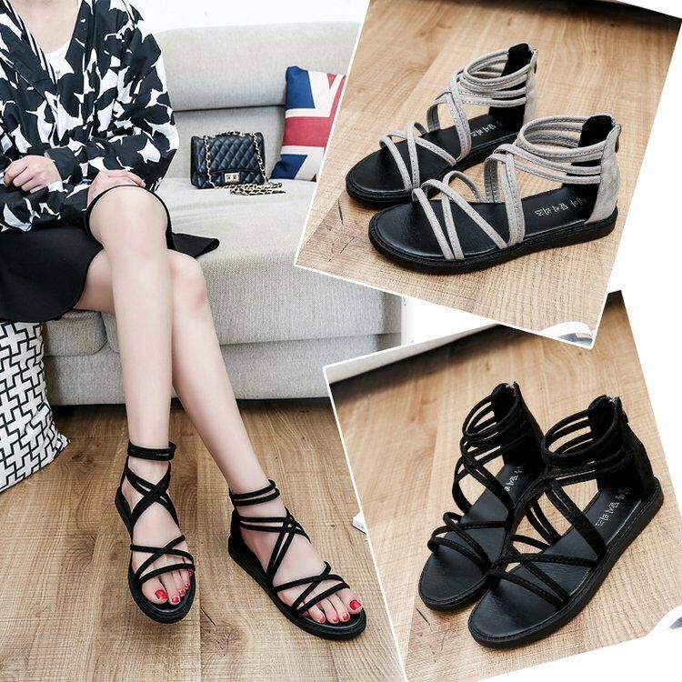 

Women's Gladiator Lace-up Flat Sandals Elastic Ankle Strap Open Toe Flats Roman Shoes, Black