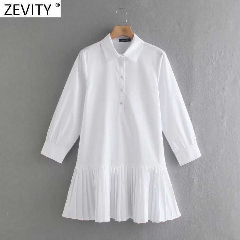 

ZEVITY Women Fashion Turn Down Collar Hem Peated White Shirt Dress Female Patchwork Poplin Vestido Chic Business Dresses DS8390 210603, As pic ds8390lyz