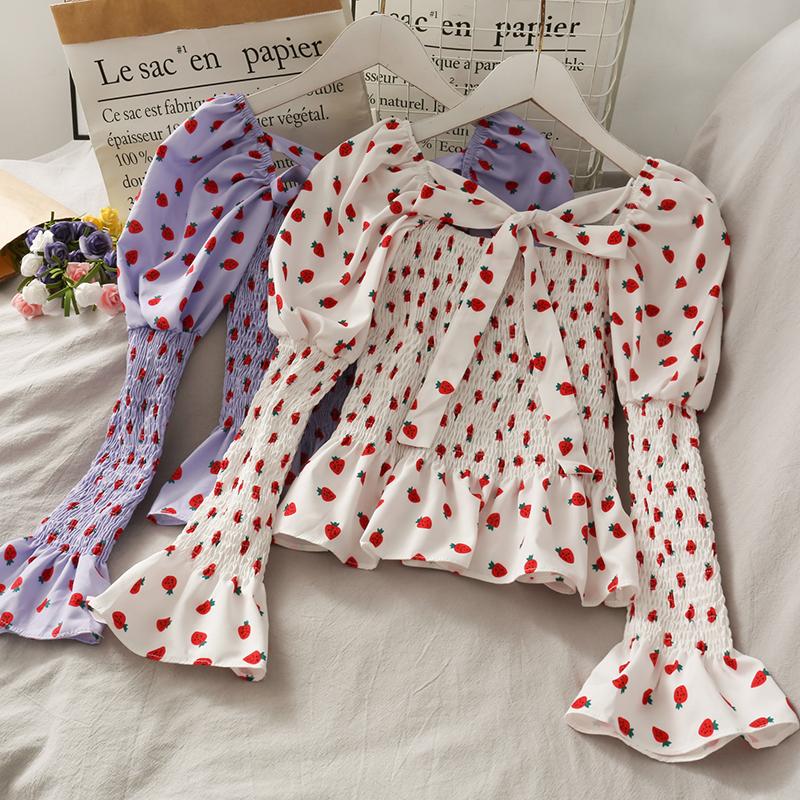 

Women's Blouses & Shirts Women Fashion Slim Bodycon Long Sleeve Chiffon Blouse Lady Strawberry Print Sweet Casual Top Girls Elegant Daily Ba, White