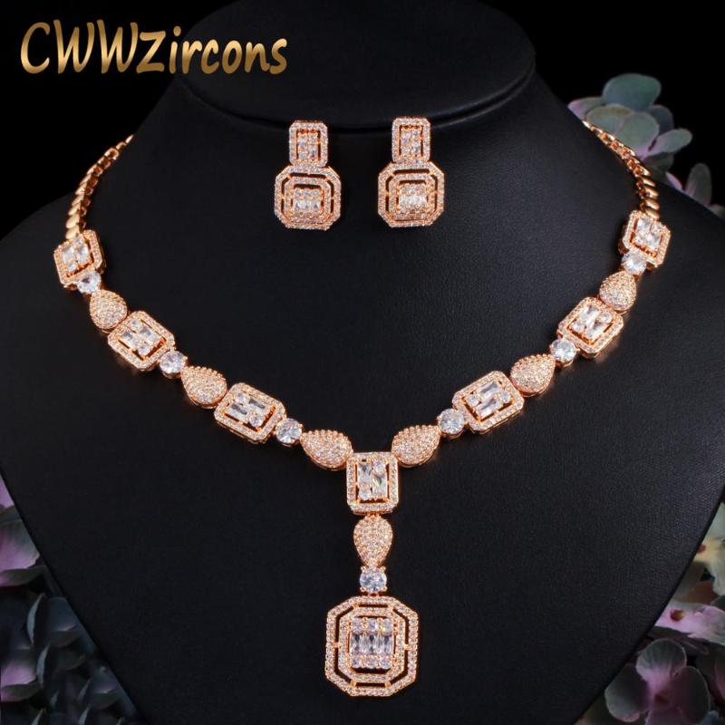 

Earrings & Necklace CWWZircons Shiny African Nigerian Cubic Zirconia Square Party Dubai Gold Color Bridal Wedding Jewelry Set T482, As pic
