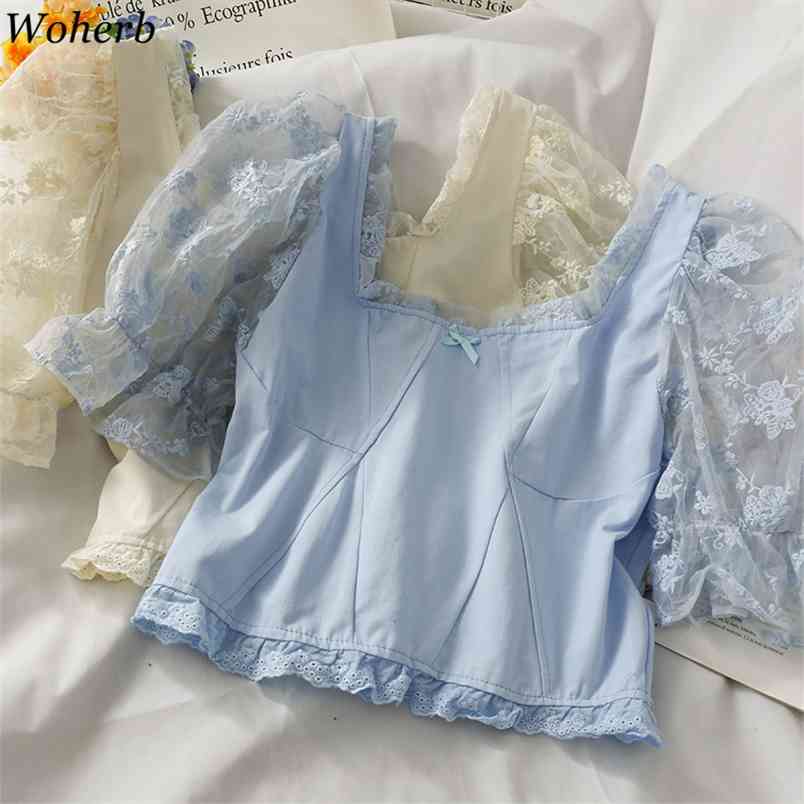 

Summer Elegant Tops Women Lace Puff Sleeve Solid Cute Blouse and Shirt Korean Chic Blusas All-match Crop 210519, Blue