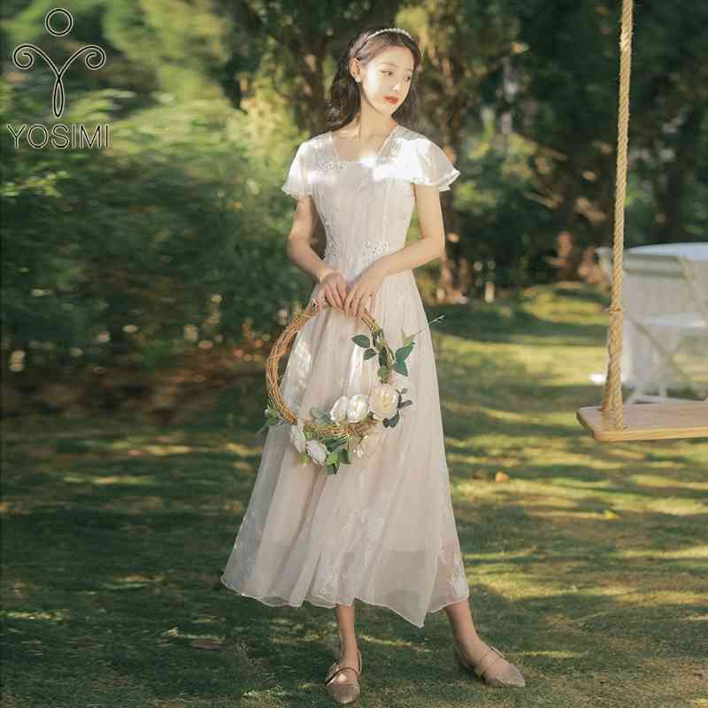 

YOSIMI Beige Long Dres Summer Short Sleeve V-neck Fit and Flare Ankle-Length Embroidery Voile A-line Midi Lace 210604