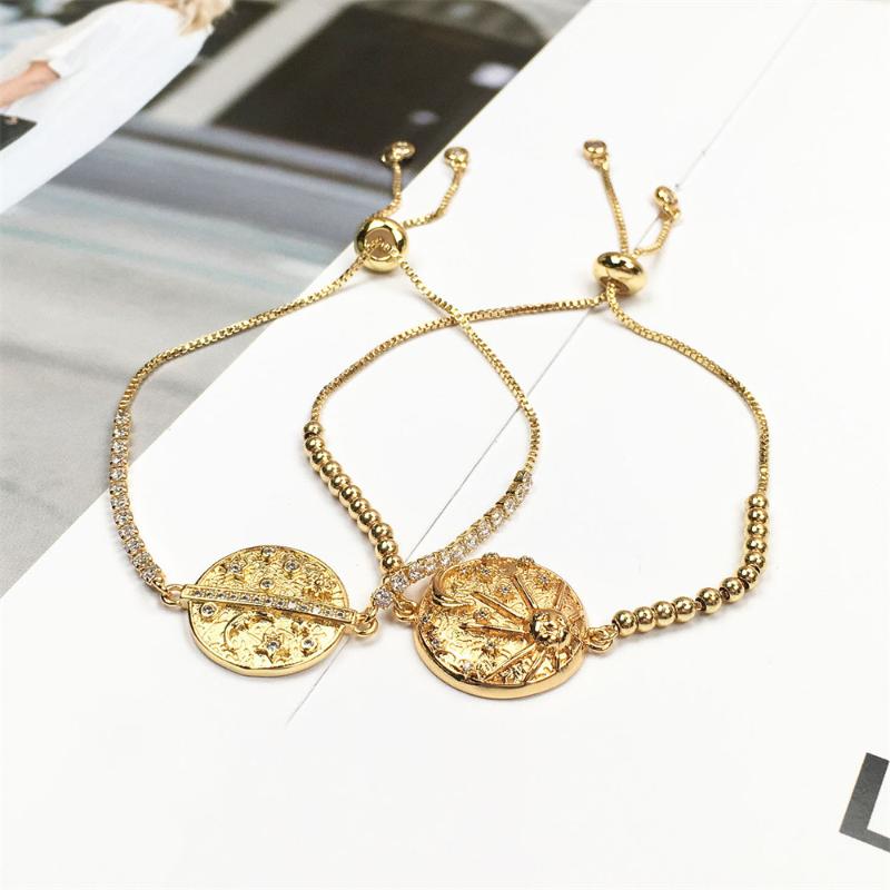 

Charm Bracelets Classic Trend Sun Round Card Pendant Bracelet Copper Gold Plated CZ Chain Star And Moon Beads Bangle Women Jewelry Present, Golden;silver
