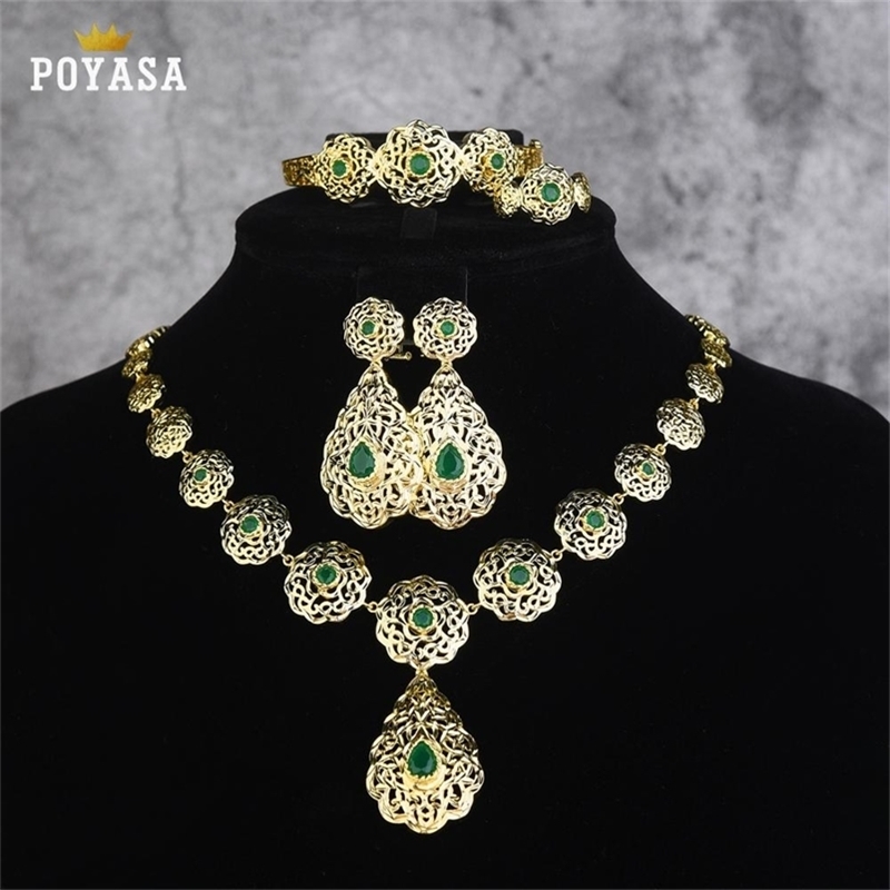 

Moroccan Caftan wedding gold jewelry set for women green stone fashion jewelry set copper high quality jewelry set 210720
