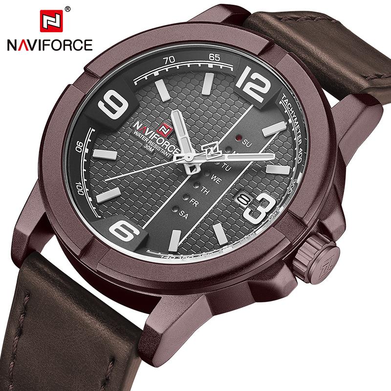 

Wristwatches NAVIFORCE Sport Watch Men Top Waterproof Leather Quartz Military Wrist Male Clock Relogio Masculino, Silver black brown