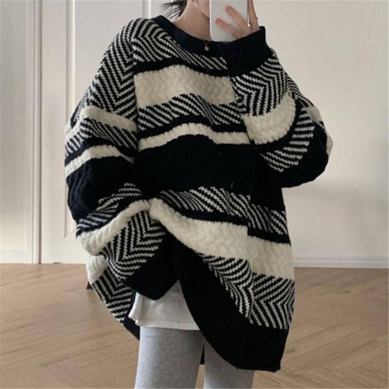 

Women's Sweaters Vintage Black White Stripe Autumn Winter Korean Women Lazy Style Oversized Knitting Pullover Loose O-Neck Top Sweater0889, White;black