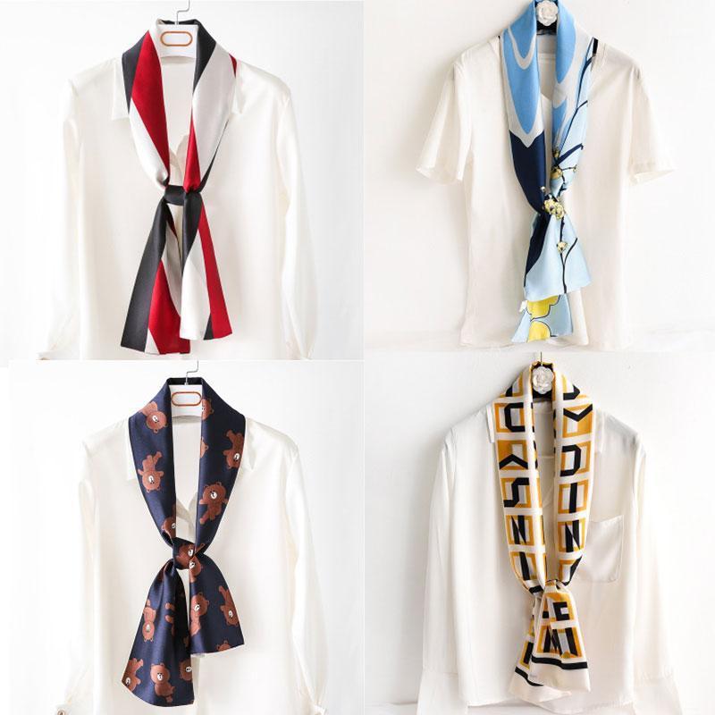 

Scarves 2021 Long Silk Scarf Women Print Elegant Neck Hair Head Ribbon Tie Bag Handle Decoration Foulard Collar Kerchief, Blue;gray