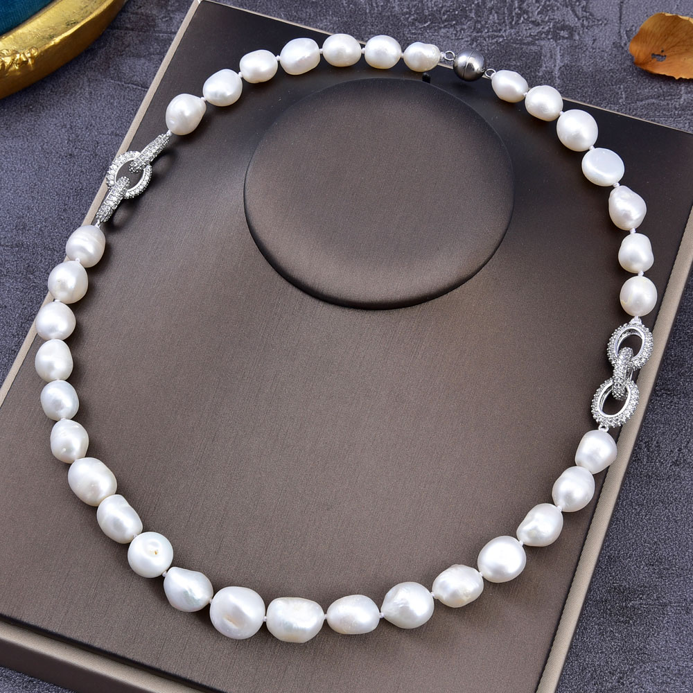 

GuaiGuai Jewelry White Baroque Pearl Necklace CZ Chain Connector For Women Real Gems Stone Lady Fashion Jewellery