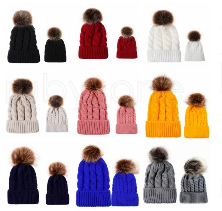 

Pompom Ball Knitted Hat Winter Warm Women Parent-child Knitting Caps Twist Knit Beanies Imitation Braid Hair Ball Wool Cap 9styles WHT0228