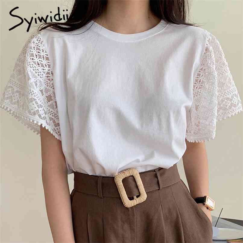 

Lace Spliced T-shirts Women Short Sleeve Tops O-Neck White Clothes Summer Cotton Fashion Casual Tees T-shirt 210607