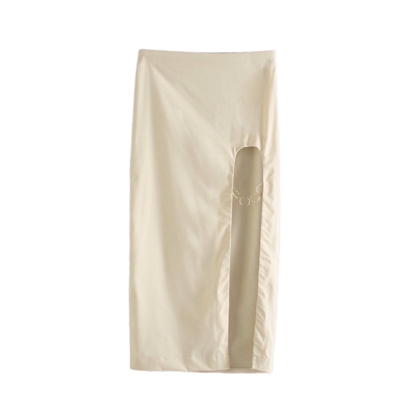 

Spring Women Slit Skrit Metal Ring Mid-Calf Skirt Chic Lady Fashion Casual Clothes 210517, Khaki