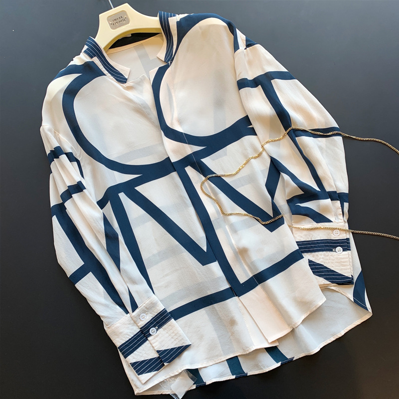 

Women' shirt imitation silk elegant and intellectual V-neck long-sleeved letter printing shirt top casual loose shirt #2022, Champagne