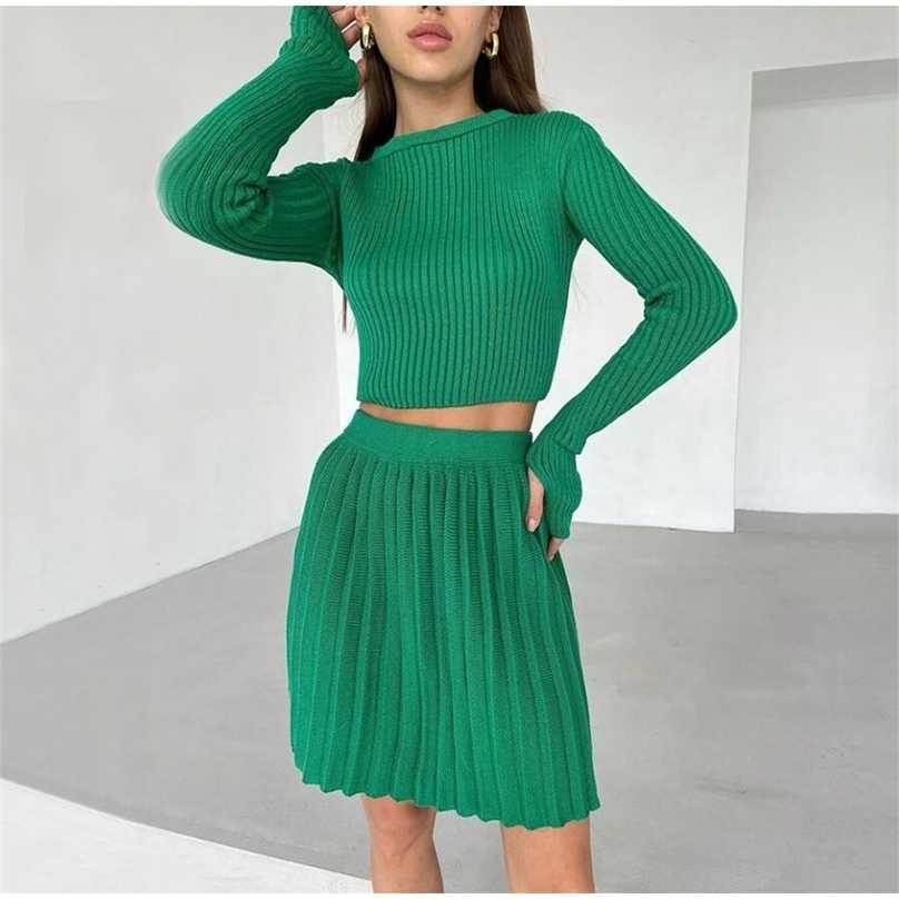 

Knitted Suit With Skirt Women Solid Autumn Mini Pleated And Long Sleeve Slim Crop Pullover Lady 2 Pieces Sets Fashion 211106, 9345 khaki