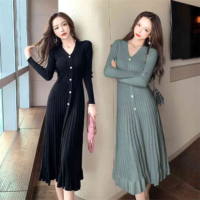 

winter knitting sweater pleate Dress Korea Ladies Long Sleeve v neck warm Party long Maxi Dresses for women clothing 210602, Black