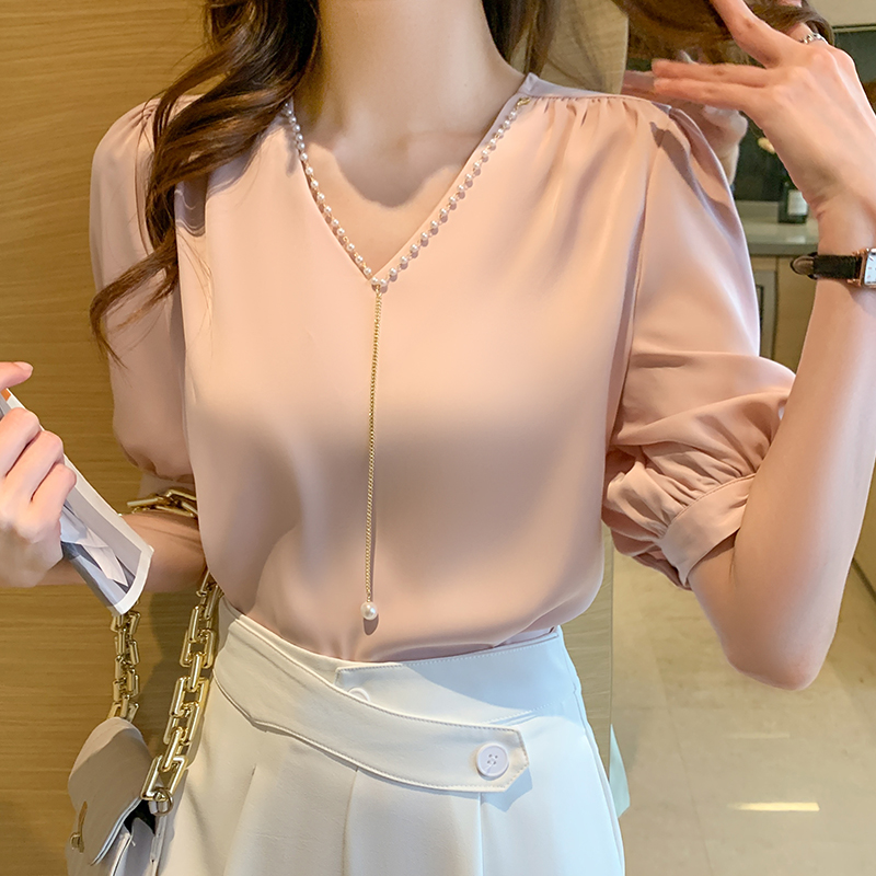 

Design Womens fashion pink chain shirt blouse V-neck short-sleeved blouse top women