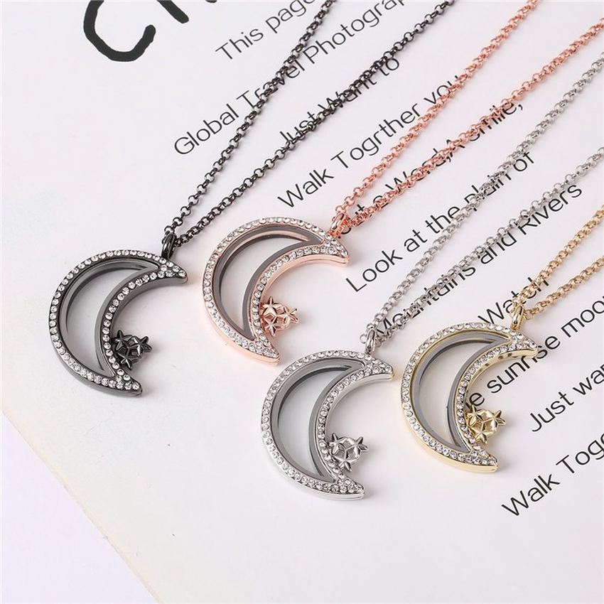

Star Moon Floating Locket Pendant Necklace Crystal Gold Chains Openable Open Living Memory Necklaces DIY Fashion Jewelry for Women, Silver