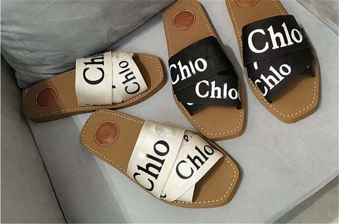 

03 2021 Branded Women Woody Mules Flat Slipper Fashion Girl Lettering Fabric Outdoor Leather Sole Slide Sandal for Summer Day Size 35-42, Black