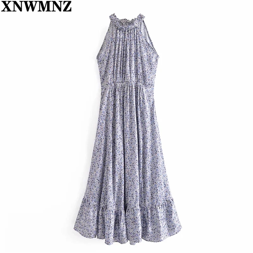 

Women Flower Printing Ruffle Collar Vest Midi Dress Female Sleeveless Clothes Casual Lady Loose Summer Vestidos robe 210520, Blue