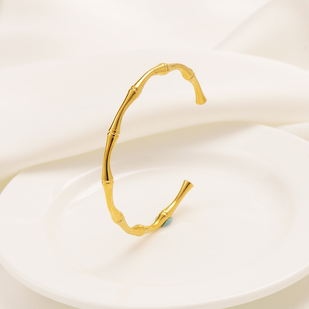 Gold Metal Bamboo Shape Bangle 24K Fine Solid Yellow Bracelet Women- Minimalist Golden Cuff Bangles for Her-image-720736781
