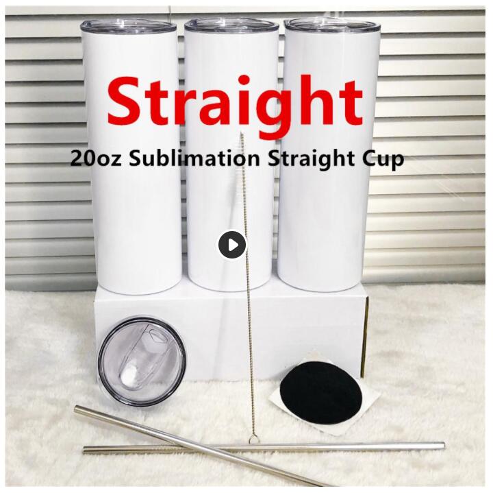 1Pc 20oz Sublimation straight Tumblers Blank white Slim Stainless steel Cups 20 oz vacuum insulated double walled mugs and metal Straw HM18-image-691071275