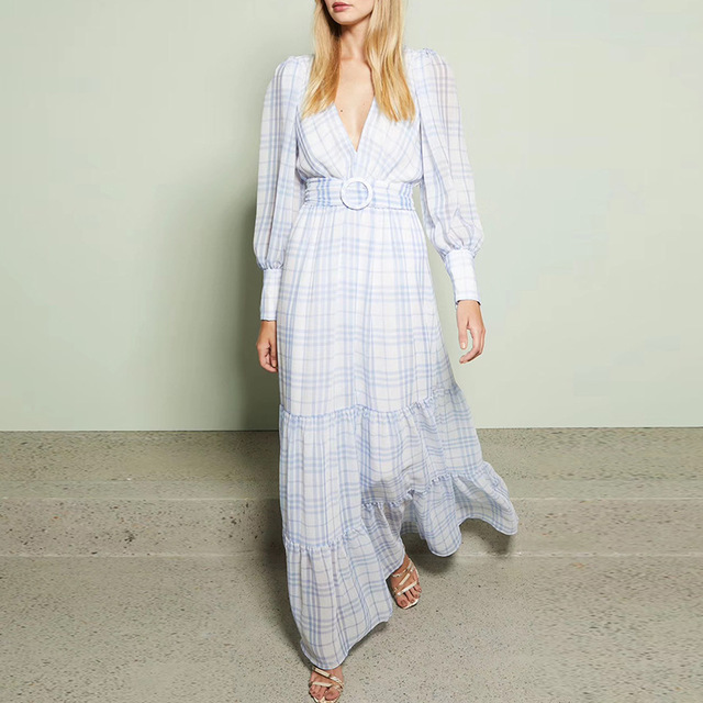 

European Runway 2020 Spring New Geometric Printed Midi Dress Women Elegant Long Sleeve Pleated Dress, Black;gray