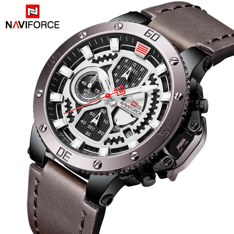 

NAVIFORCE Luxury Brand Men's Fashion Sport Watch Men Leather Chronograph Quartz Wristwatch Automatic Date Male Relogio Masculino 210517, White grey