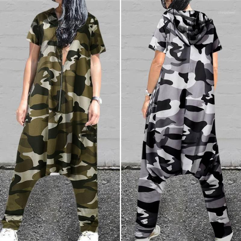 

Women' Jumpsuits & Rompers Celmia Vintage Women Jumpsuit Camouflage Hoodies Short Sleeve Playsuits Summer Casual Drop-Crotch Pantalon Zip L, Gray