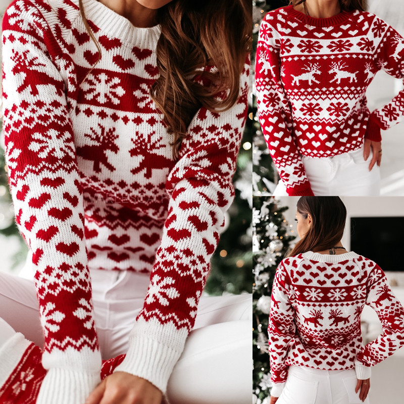 

Fashion Womens Sweaters Crew Neck Long Sleeve Knit Sweater Printed with Christmas Elk Various Styles -2XL, White