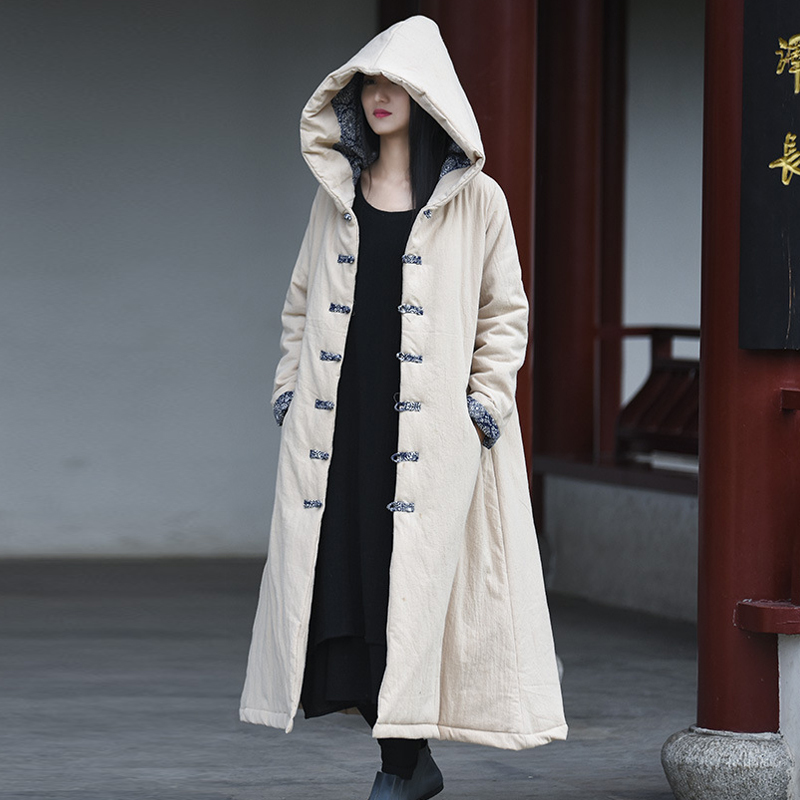 

Johnature Women Chinese Style Hooded Parkas Thick Warm Cotton Linen Coats Winter A-Line Vintage Original Female Parkas 210521, Beige