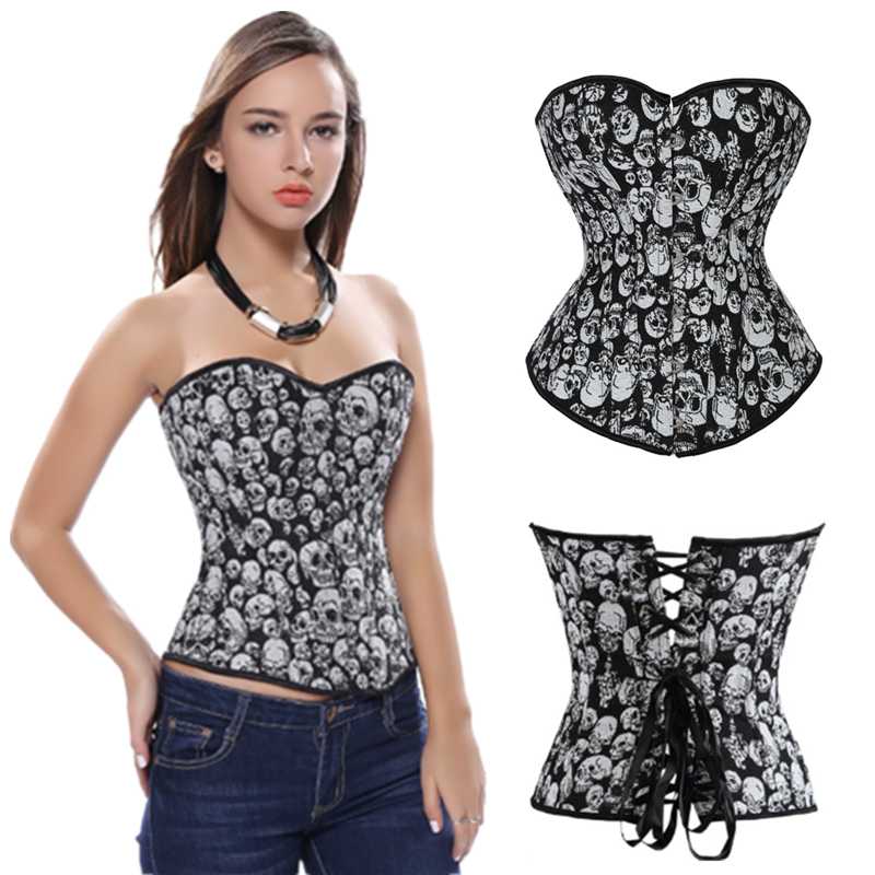

Bustiers & Corsets Sexy Skull Printed Corset Top Gothic And Women Clubwear Plus Size Showgirl Halloween Costumes, 03 skull