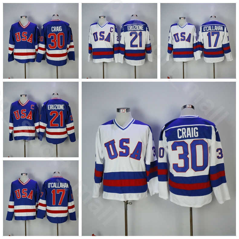 

1980 USA Ice Hockey College 30 Jim Craig Jerseys Men Vintage 21 Mike Eruzione 17 Jack Ocallahan Blue White Away Home All Stitched, 21 blue