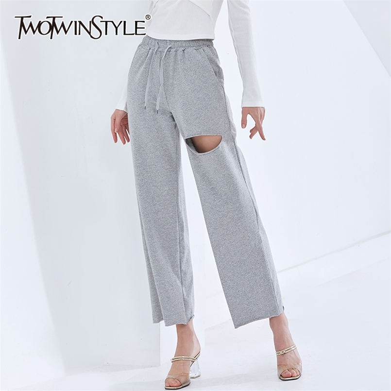 

Casual Patchwork Hole Wide Leg Pants For Women High Waist Straight Loose Trousers Female Fashion Clothing 210521, Black