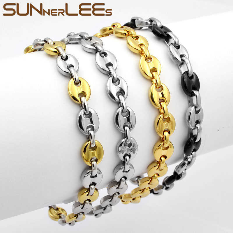 

SUNNERLEES 316L Stainless Steel Bracelet 5~11mm Coffee Beans Link Chain Silver Color Gold Plated Jewelry Men Women Gift SC13 210609
