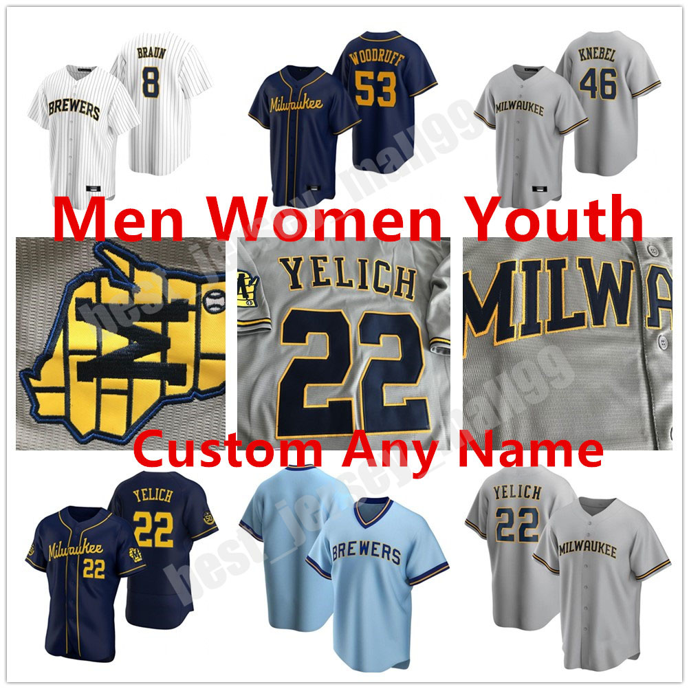 

Custom 2021 Milwaukee Men Women youth kids Baseball Jerseys 22 Christian Yelich 8 Ryan Braun 12 Justin Smoak Lorenzo Robin eric yardley Brewers Jersey, Blue;black
