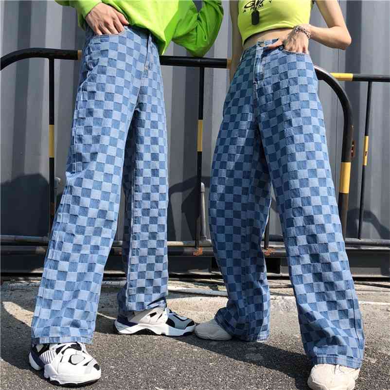 

Harajuku Unisex Pants Plaid Pattern Loose Long Women Men Pant Outwear Fashion Blue Jeans Cargo Streetwear Hipster 210519, Blue straight pants