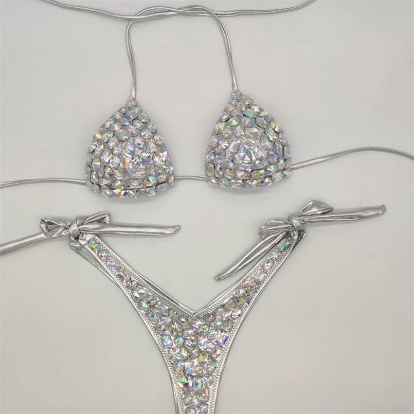 

vacation style diamond bikini set bandage open swimwear push up bling stones swimsuit sexy women swim 210722, White