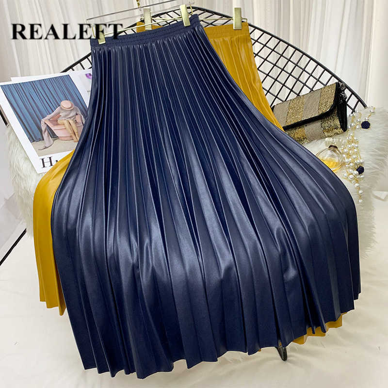 

REALEFT Autumn Winter PU Leather Pleated Skirts Elastic High Waist Multi Colors Fashionable All-match Midi Skirt Female 210708, Pink
