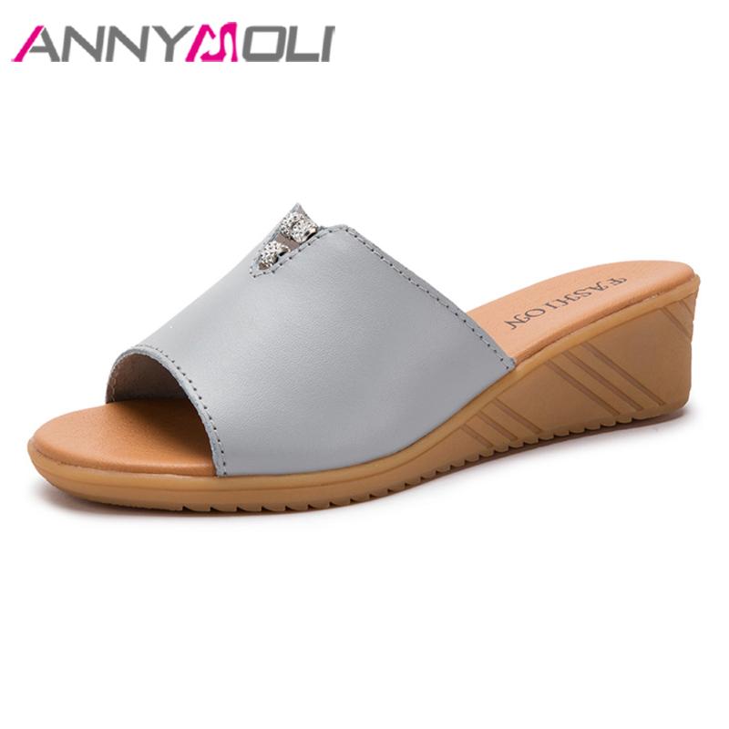 

Slippers ANNYMOLI Summer Shoes Women Slides Cow Leather Platform Wedge Heel Crystal Open Toe Lady Sandals Gray Size 35-41, Black